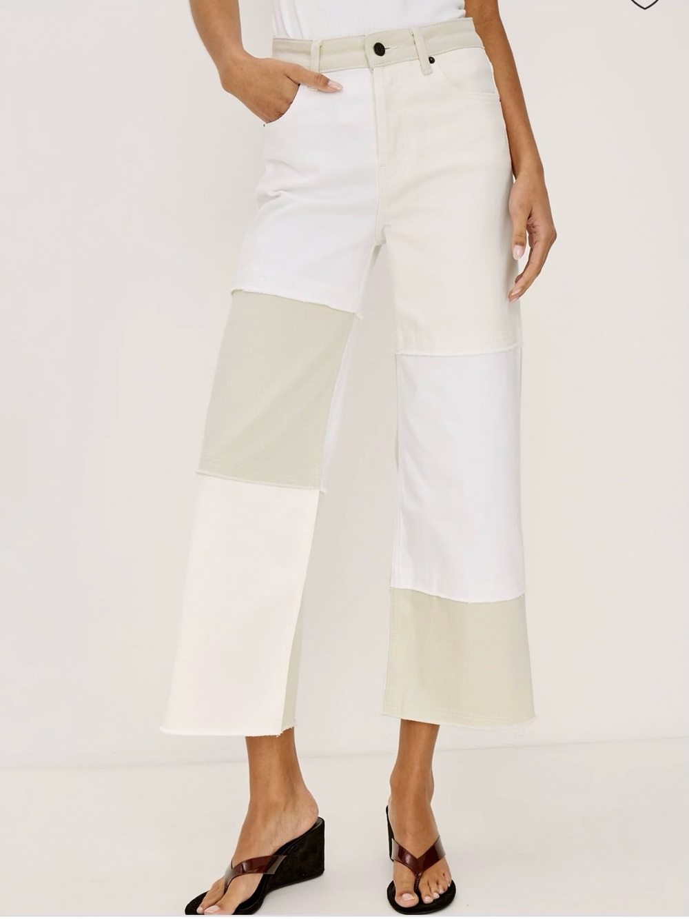 Rails Two-Tone Patchwork Wide-Leg Jeans in White and Cream Sz 32   Bx3